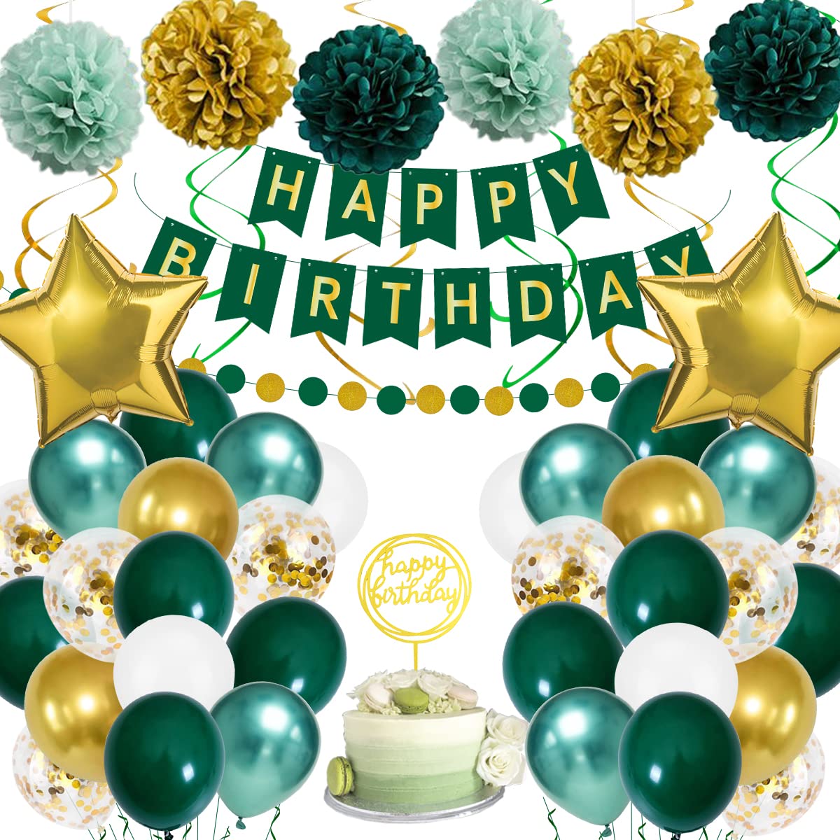 Birthday Decorations, Green Gold Birthday Party Decorations for Boy Girls Men Women, Green Balloons with Happy Birthday Banner, Paper Pompoms,