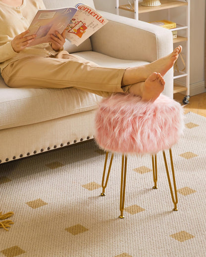 IBUYKE Round Faux Fur Vanity Stool with Storage, Makeup Chair, Pink WBD021P