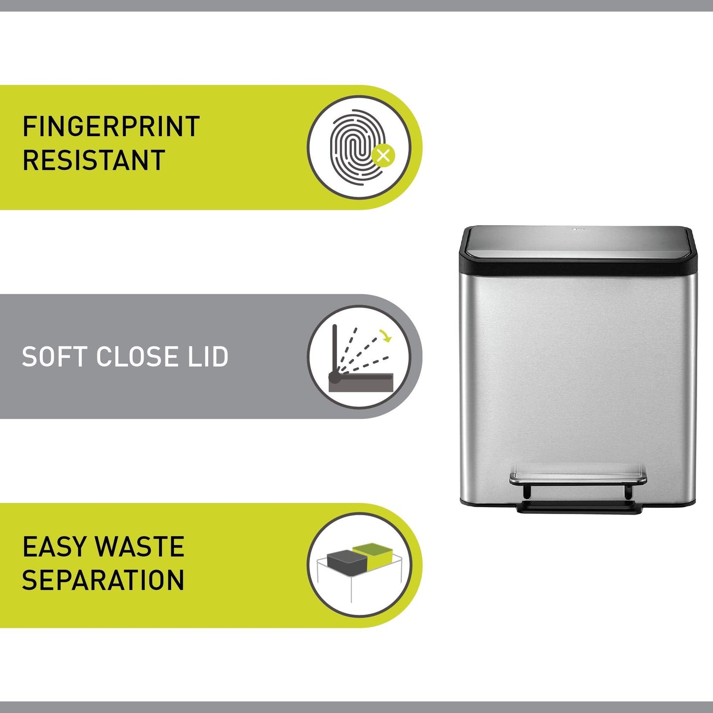 EKO Ecocasa Recycling Kitchen Bin 15+15Litre, Pedal Rubbish Bin with Two Removable Inner Buckets, Perfect for Kitchen & Home, Stainless Steel