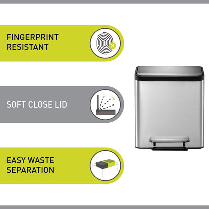 EKO Ecocasa Recycling Kitchen Bin 15+15Litre, Pedal Rubbish Bin with Two Removable Inner Buckets, Perfect for Kitchen & Home, Stainless Steel