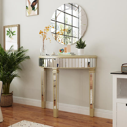 Artloge Half Moon Console Table Mirrored : Silver Hallway Table 90 x 35 x 80.5cm Aesthetic Elegant Glass Console Tables with Sturdy Square Column Leg
