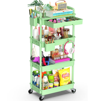 Yeabett 4 Tier Craft Trolley, Storage Trolley On Wheels Utility Cart With Drawer For Kitchen, Bathroom, Office, Living Room, Green