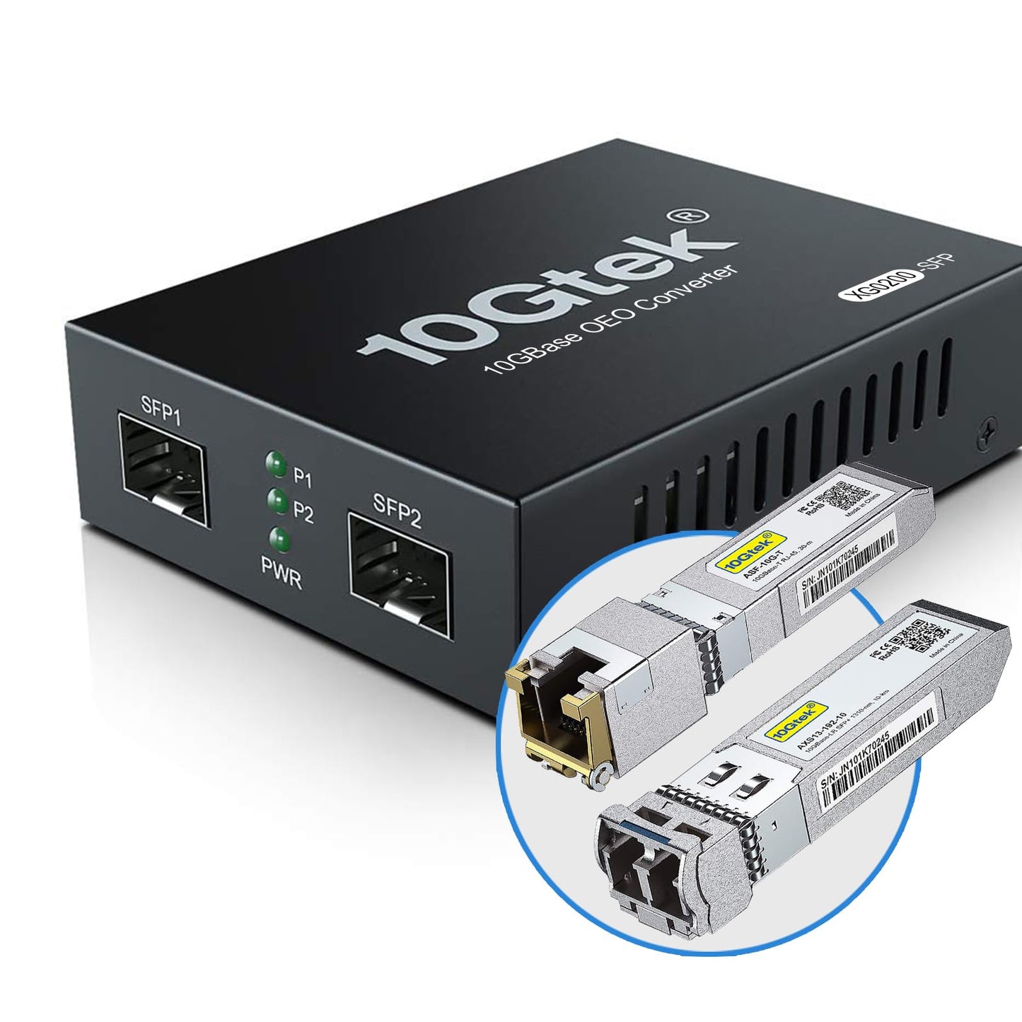 10Gtek SFP+ Media Converter G0200-SFP (Kit #33), 10GBase-T Reach 30 Meters, SFP+ LR Modules, 10 km, SMF, 1310 nm, British Power Supply