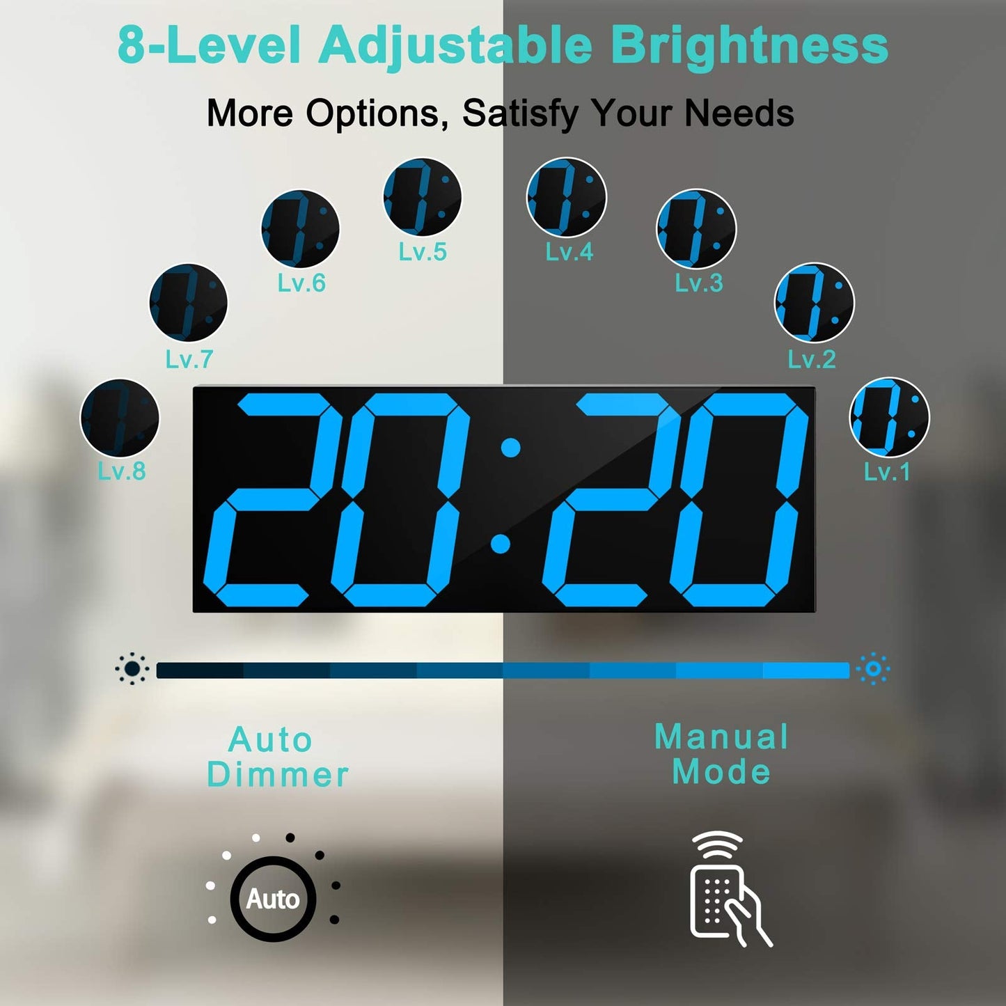 CHKOSDA Digital Wall Clock, 18" Large Wall Clock, Led Wall Clock with Countdown Timer, Calendar, Thermometer, 12/24H, Adjustable Brightness, Wall