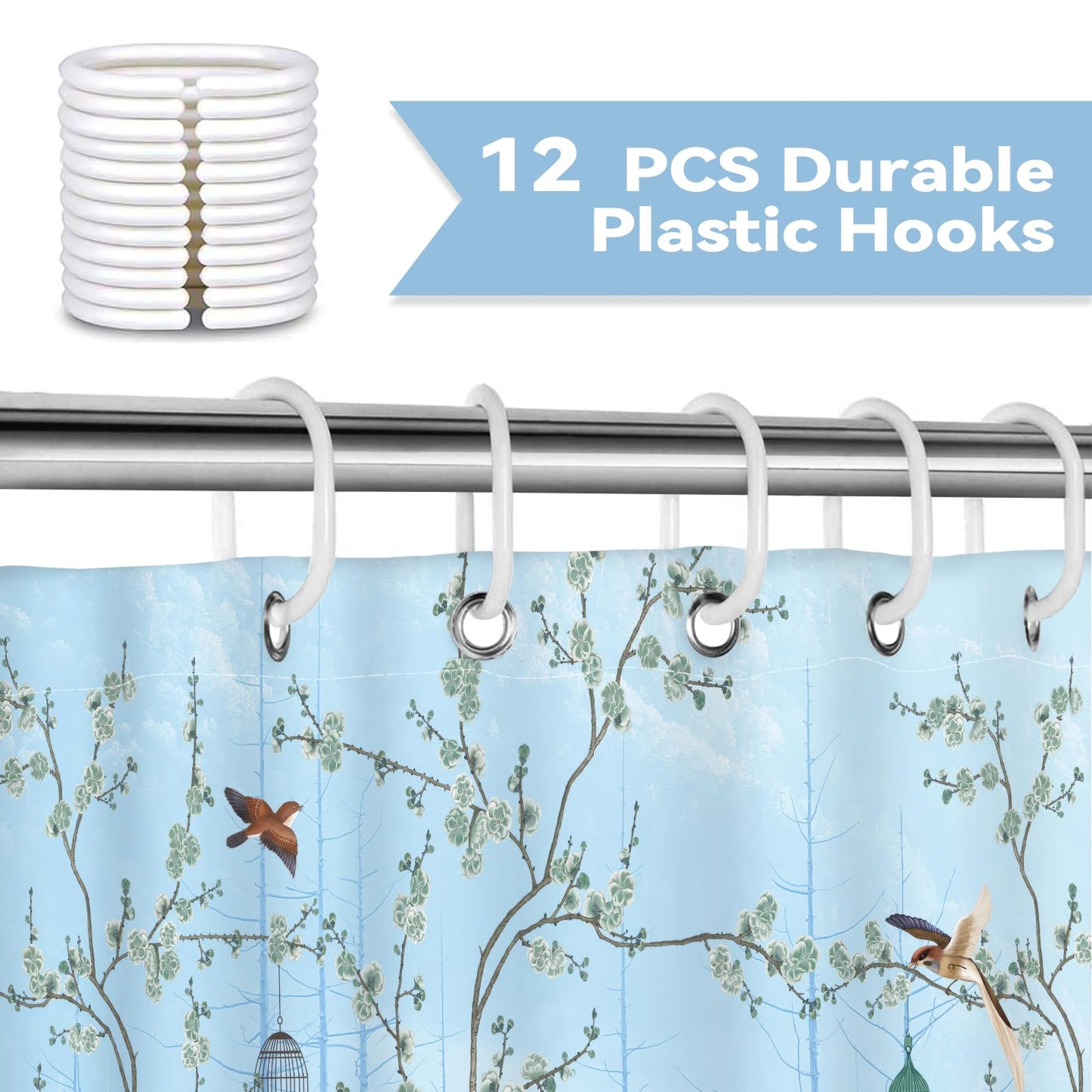 Hopomoon Light Blue Chinoiserie Bird Crane Shower Curtain, Waterproof Polyester Bath Curtain
