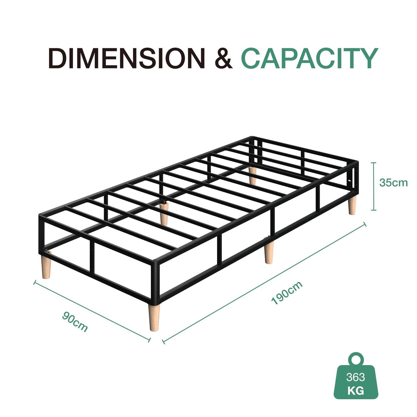 Novilla 35cm Single Metal Platform Bed Frame, 3FT Mattress Foundation With Fabric Cover, Metal Slat Support, Solid Wooden Support Legs, Easy Assembly