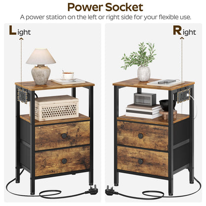 YATINEY Bedside Tables with Charging Station, Set of 2, Nightstands with 2 Drawers and 2 Shelves, End Tables with Outlet and USB Ports