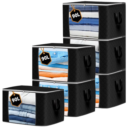 KURNI Storage Bags | Clothes Organizer Boxes, Foldable 6 Pack Black, 90L Capacity, 3 Sided Zipper Moving Large Bag. Dust & Moisture Proof