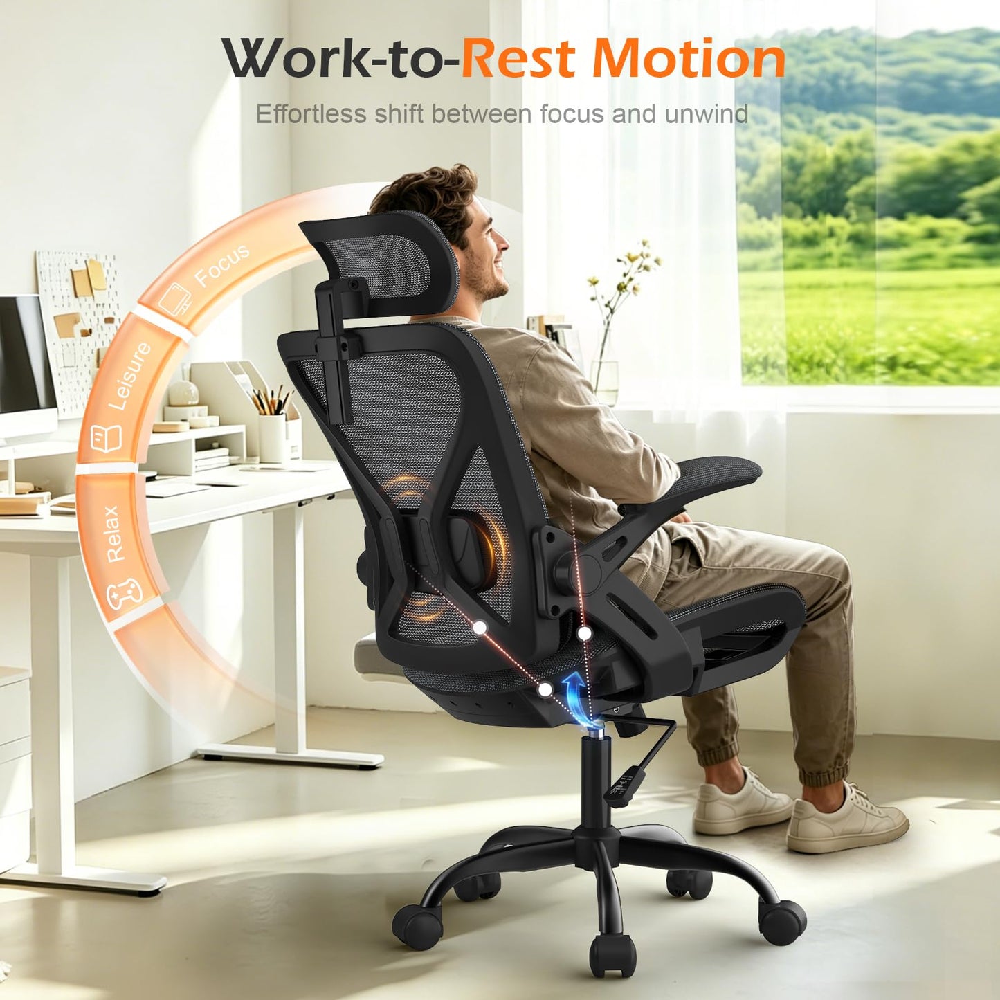 YONISEE Office Chair, Ergonomic Desk Chair with Adjustable Padded Lumbar Support, Flip-Up Armrests, Breathable Mesh Seat
