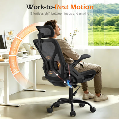 YONISEE Office Chair, Ergonomic Desk Chair with Adjustable Padded Lumbar Support, Flip-Up Armrests, Breathable Mesh Seat