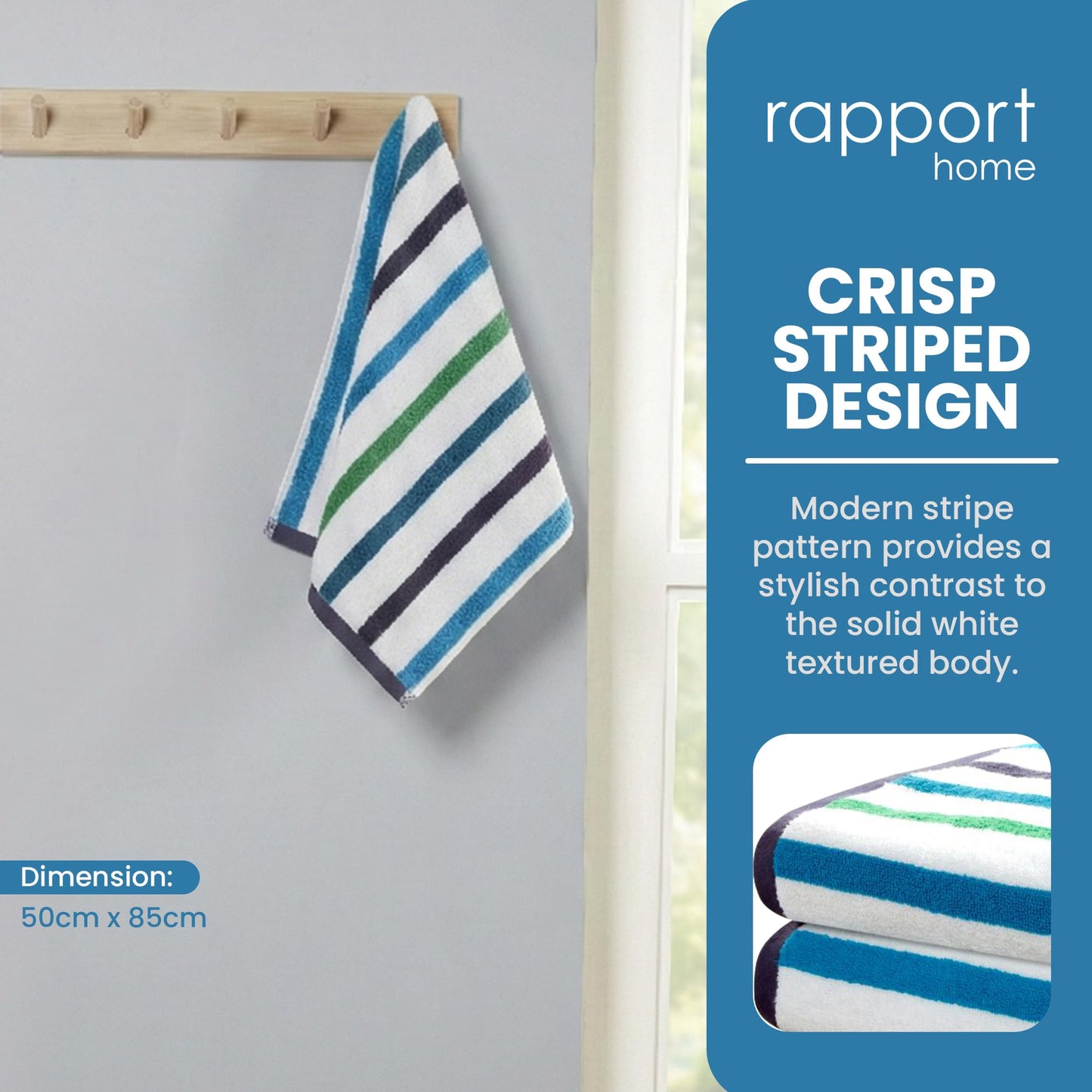 Rapport Home Amalfi Hand Towels 2 Pack | Blue | 50x85cm | Luxurious 500GSM 100% Cotton | Oeko-Tex Certified Absorbent & Soft Bathroom Towel Set
