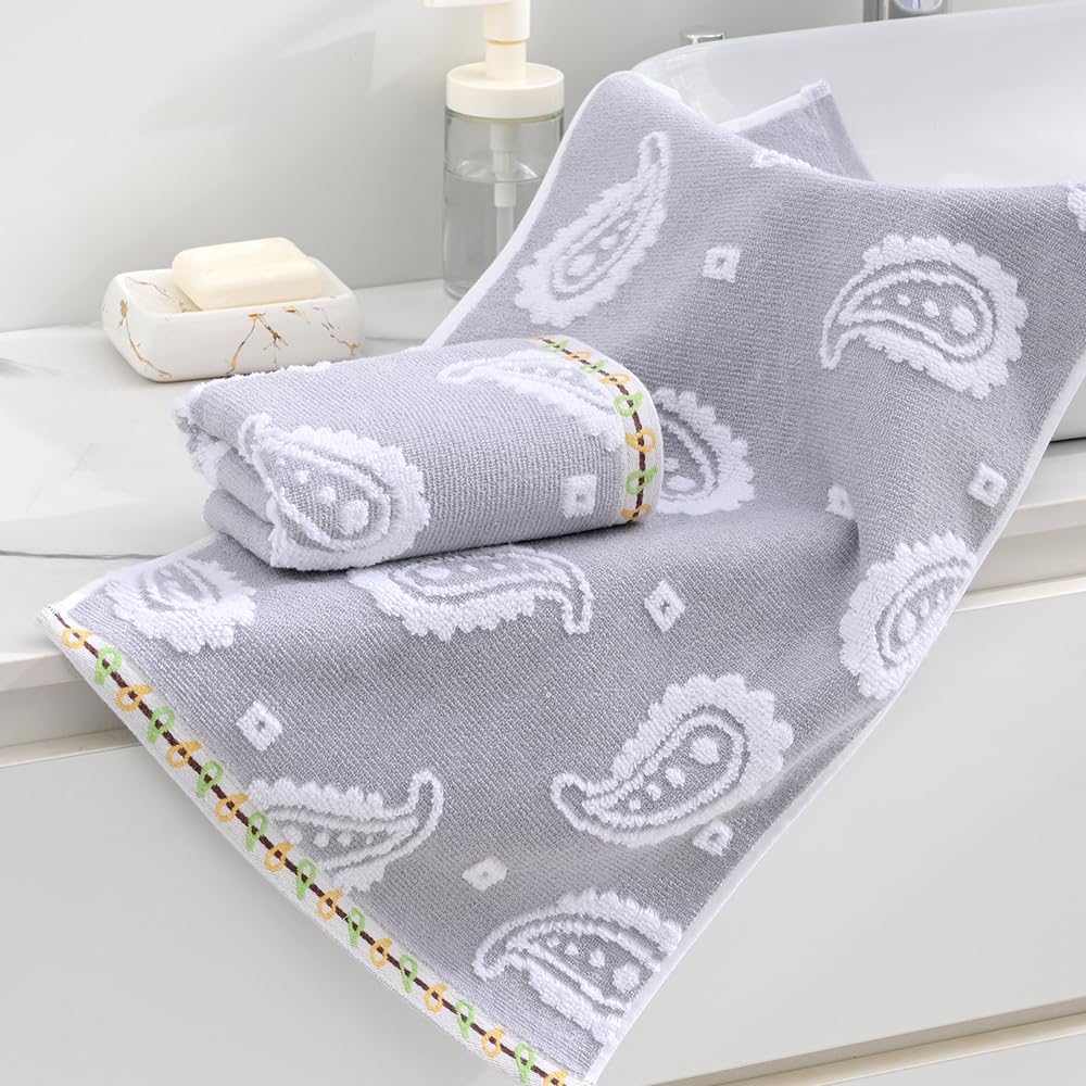 sense gnosis Grey Hand Towel Set of 2 Super Soft 100% Cotton Absorbent Paisley Pattren Jacquard Double-Faced Bath Hand Towels for Bathroom Home