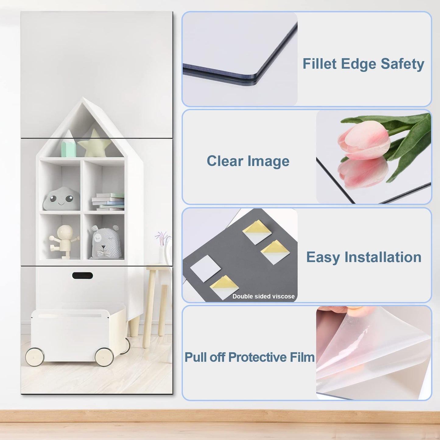 4 Pack Self Adhesive Mirror 50x60cm Adhesive Mirror Tiles 2MM Thick Acrylic Stick On Wall Mirrors Sheets Removable Mirror Tiles for Home Decoration