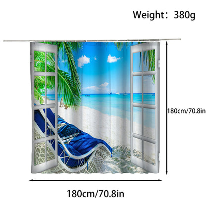 FAIRYGATE Beach Shower Curtain Palm Tree Decor Ocean Beach Seascape Through White Wooden Windows Summer Scene Tropical Island Blue Green Waterproof
