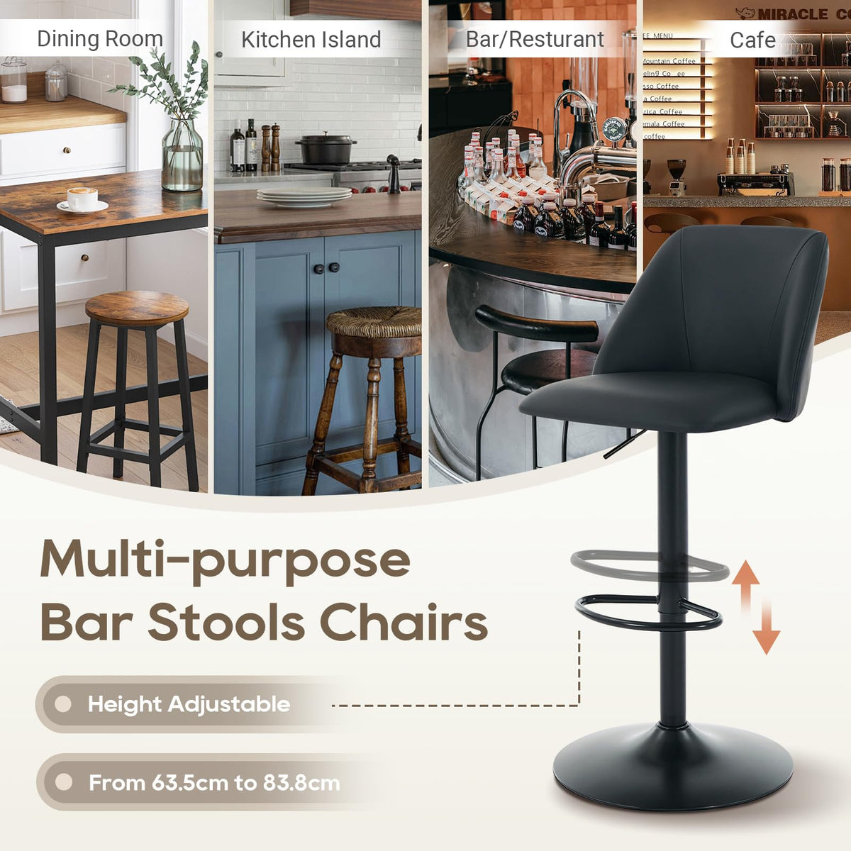 COLAMY Breakfast Bar Stools Set of 6, Modern Swivel Kitchen Stool, Adjustable Upholstered Barstools Counter Height with Square Open Back for Bar