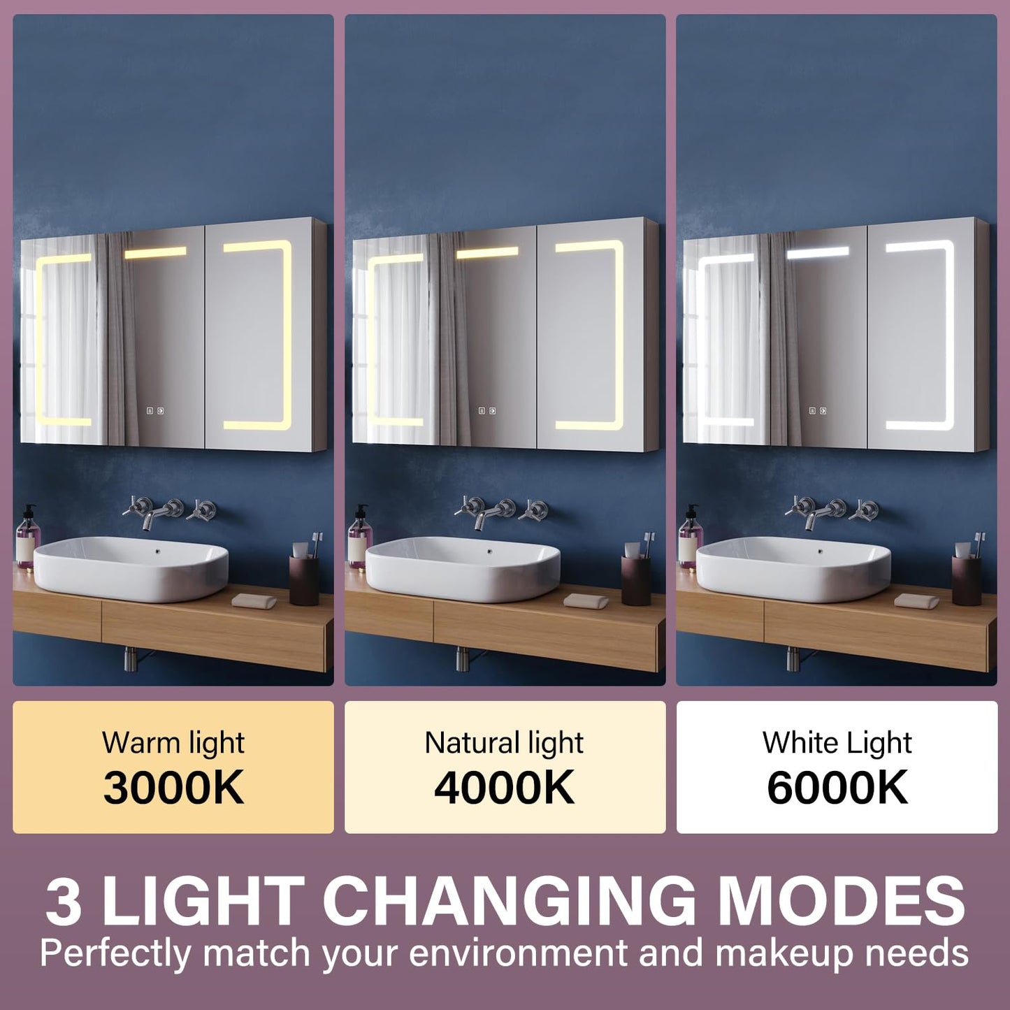 ZANOFIRA 3 Door Illuminated Bathroom Mirror Cabinet, Fully Assembled Large Wall Mounted Cabinet Storage with Shaver Socket, 3 Colors Dimmable