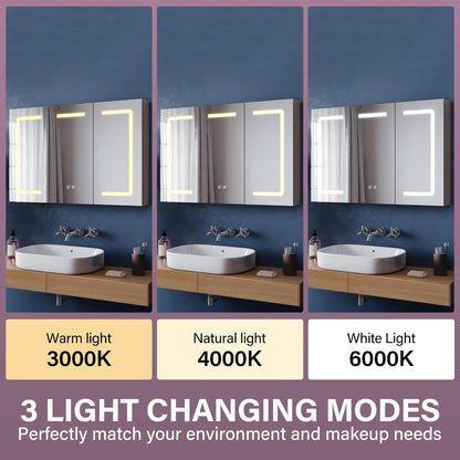 ZANOFIRA 3 Door Illuminated Bathroom Mirror Cabinet, Fully Assembled Large Wall Mounted Cabinet Storage with Shaver Socket, 3 Colors Dimmable