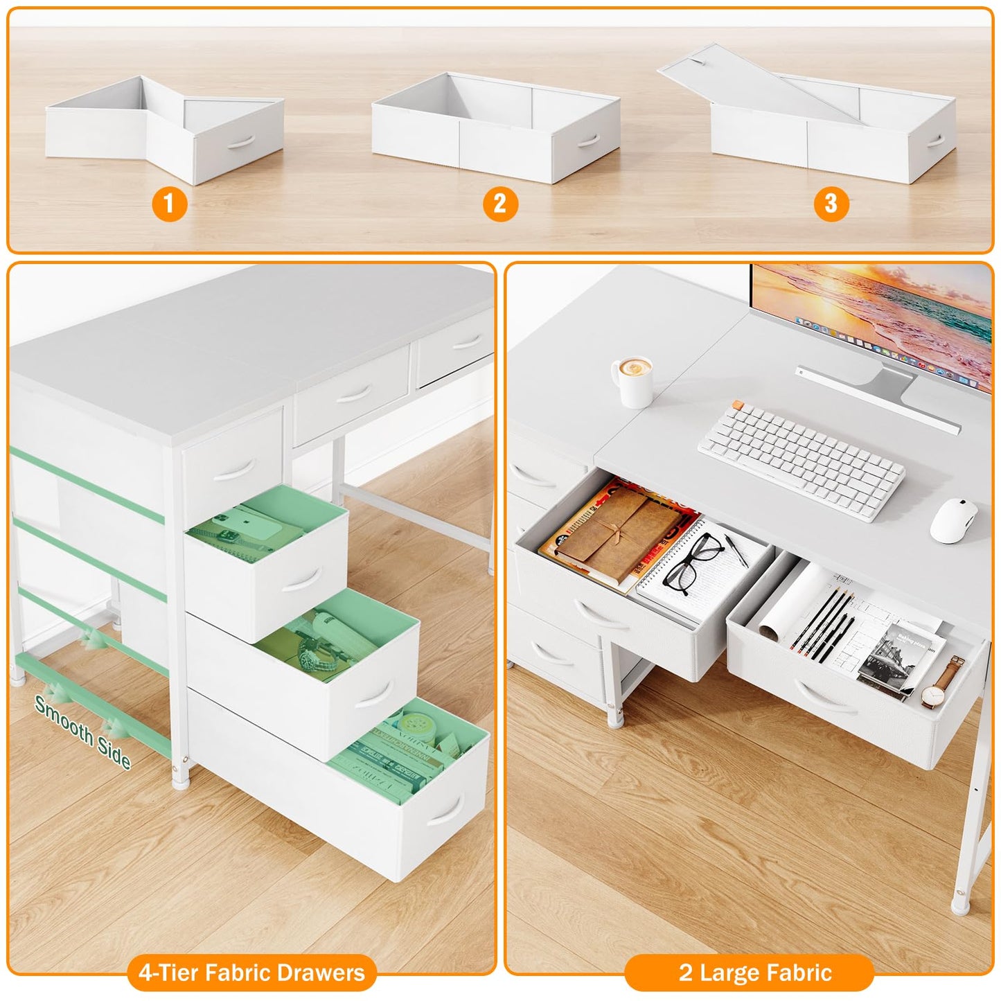 MUTUN 100x48 cm Desk, Small Computer Desk with 6 Fabric Drawers, Reversible Home Office Desk with Adjustable Feet, Work Desks for Office, Study