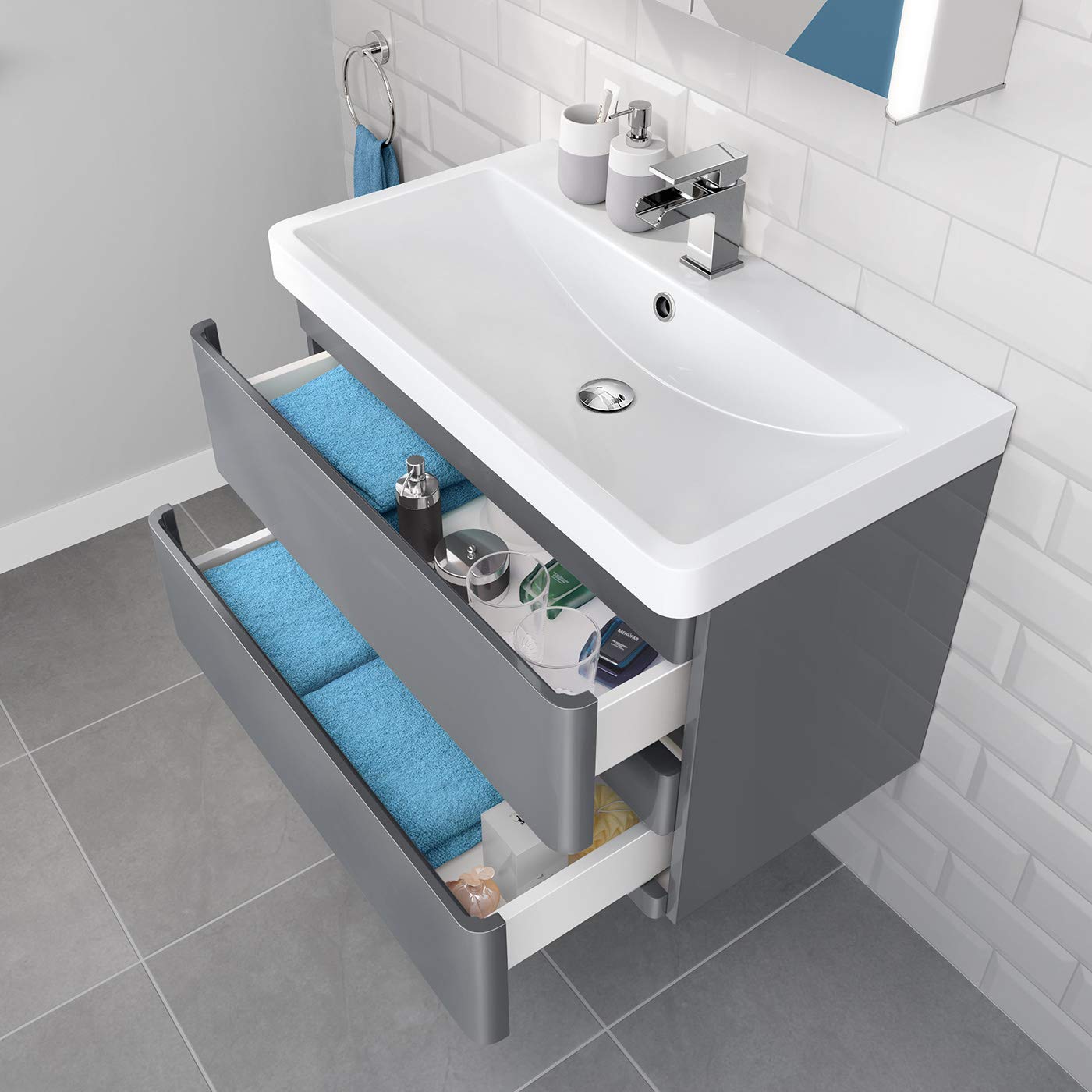 iBathUK Modern Grey Gloss Wall Hung Sink Drawer Unit 800mm (FlatPack)