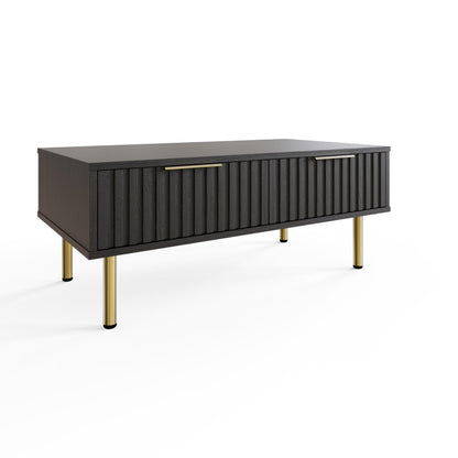 GFW Nervata Coffee Table, Black Coffee Table with 2 Drawers, Art Deco Style Living Room Table with Gold Accents and Wood Grain Texture