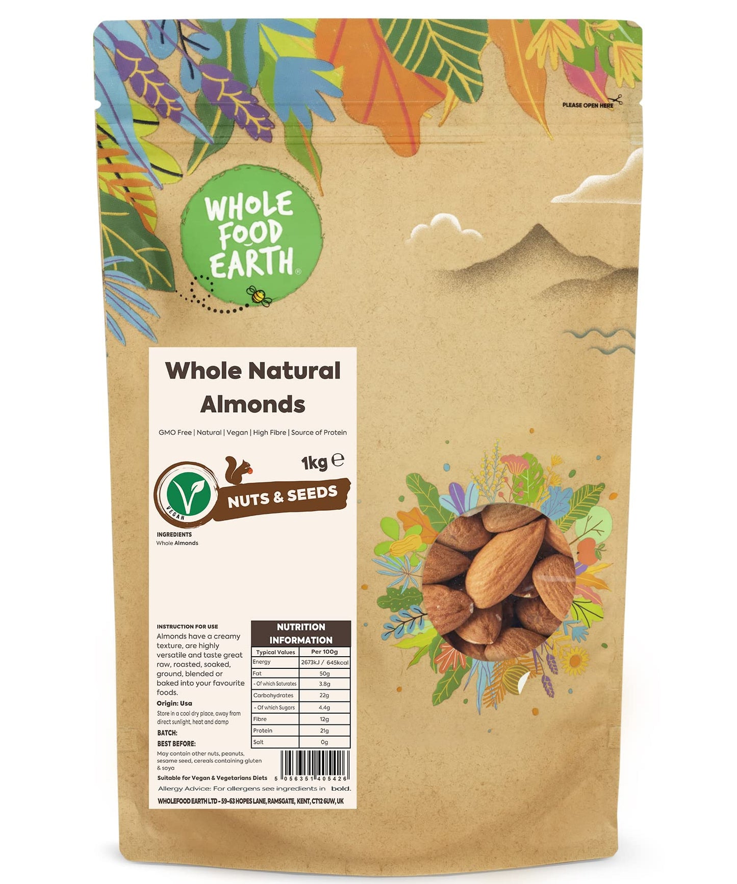 Wholefood Earth Whole Natural Almonds 1 kg | GMO Free | Natural | High Fibre | Source of Protein