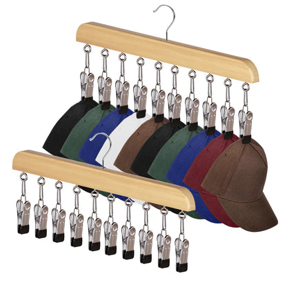 2 PCS Hat Storage, Wooden Legging Organizer with 10 Stainless Steel Clips Baseball Anti Slip Hat Rack Hats Storage Organizer for Closet Scarves