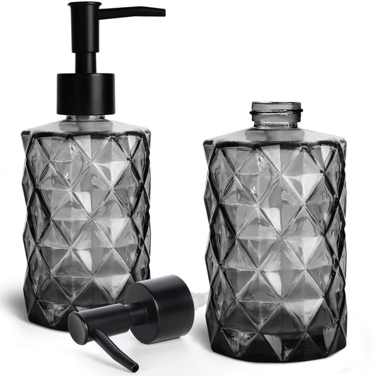 2 Pack Glass Soap Dispensers, 330 ML/12Oz Pump Bottle Dispenser, Refillable Hand Soap Dispenser Bottle for Kitchen, Bathroom, Laundry Room (2 PCS