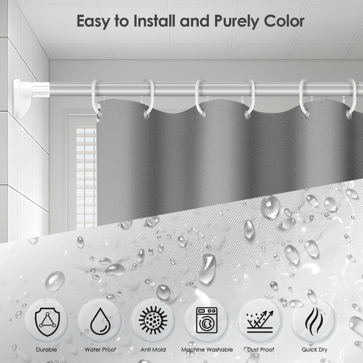 Vinabo Grey Shower Curtain, 180 x 200 cm Bathroom Curtains, Washable Shower Curtain with 12 Hooks, PEVA Fabric Curtain