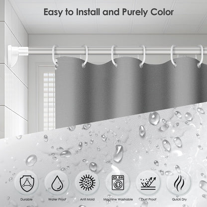 Vinabo Grey Shower Curtain, 180 x 200 cm Bathroom Curtains, Washable Shower Curtain with 12 Hooks, PEVA Fabric Curtain