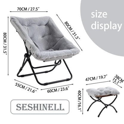 SESHINELL Comfy Saucer Chair with Ottoman, Oversized Foldable Faux Fur Lounge Accent Readin Chair Set with Metal Frame Moon for Bedroom, Living Room