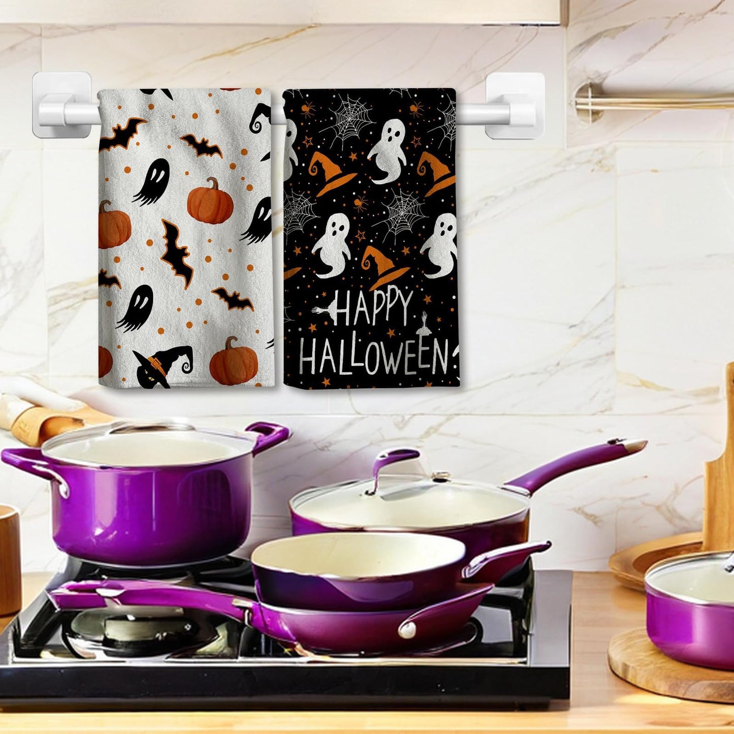 HINGTAI 2Pcs Towel Halloween Scary Ghost Pumpkin Hand Towel Drying Cloth for Kitchen Home, Living Room Dining Room Table Decor 18x26 Inch