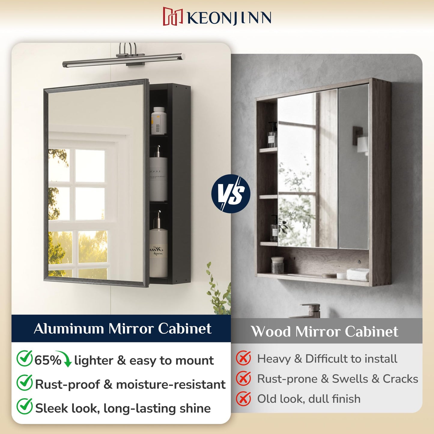 Keonjinn Bathroom Mirror Cabinets 90x60cm, Assembly Required, Black Aluminum Frame Mirrored Bathroom Cabinet Wall Mounted with Storage