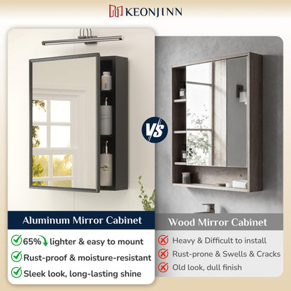 Keonjinn Bathroom Mirror Cabinets 90x60cm, Assembly Required, Black Aluminum Frame Mirrored Bathroom Cabinet Wall Mounted with Storage