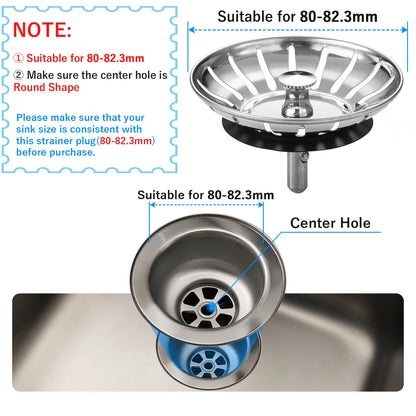 Stainless Steel Kitchen Sink Bowl Strainer and Plug, 80mm Kitchen Sink Plug for Single Double Bowl Use