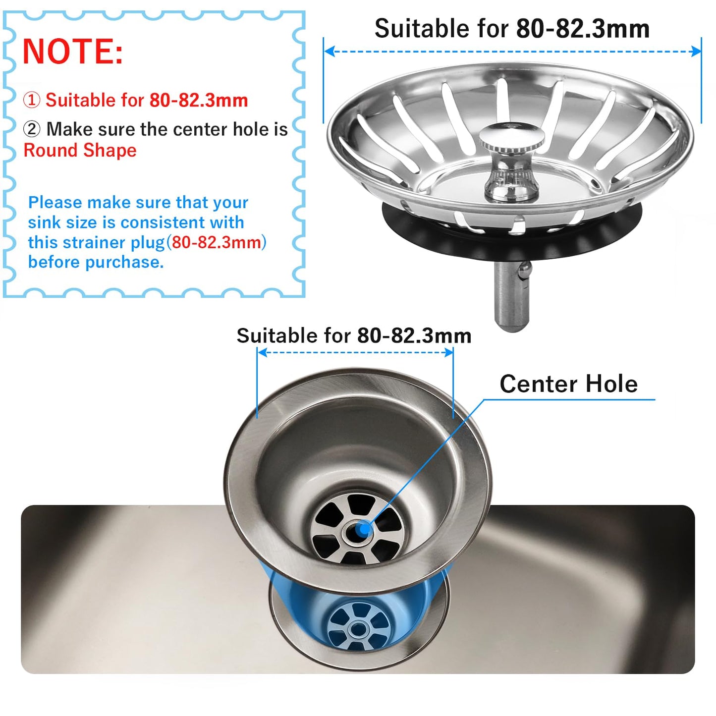 80mm Kitchen Sink Bowl Strainer and Plug, Stainless Steel Sink Plug for Kitchen Bowl Use, Kitchen Bathroom Food Hair Catcher Filter Stopper