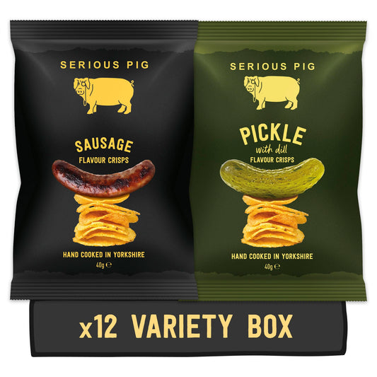Serious Pig Crisps Variety Pack | Sausage and Pickle With Dill Flavours | Hand Made With Finest Yorkshire Potatoes (12 Pack)