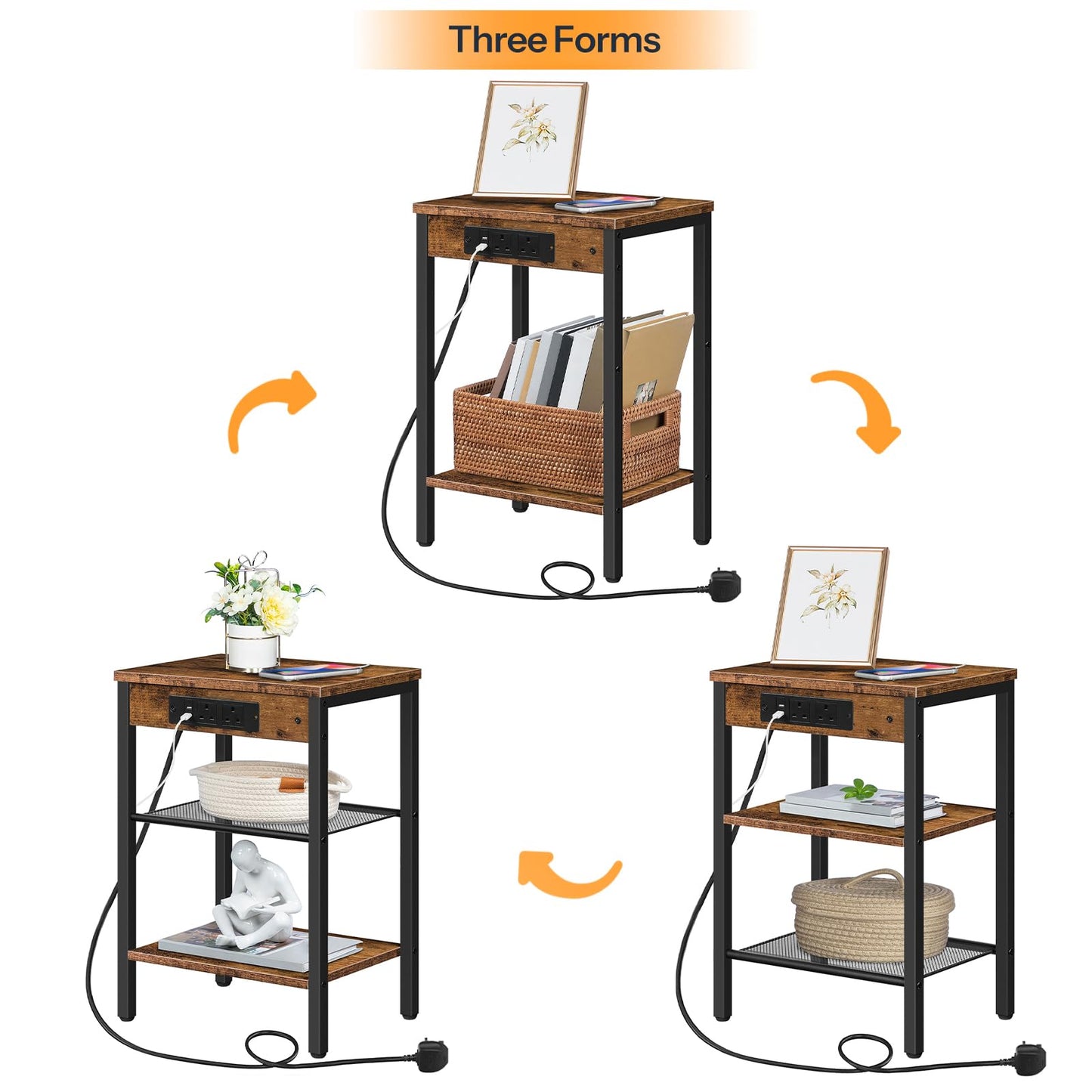 HOOBRO Side Table with Charging Station, Bedside Table with Charging Station, 2 Sockets and 2 USB Ports, Narrow Side Table, 3-Tier Bedside Table,