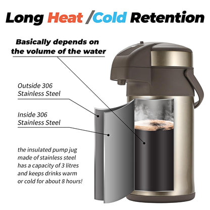 Olerd Coffee Pump Flask - 3L Insulated Pump Airpot - Stainless Steel Vacuum Thermal Water Dispenser BPA Free Tea Flask