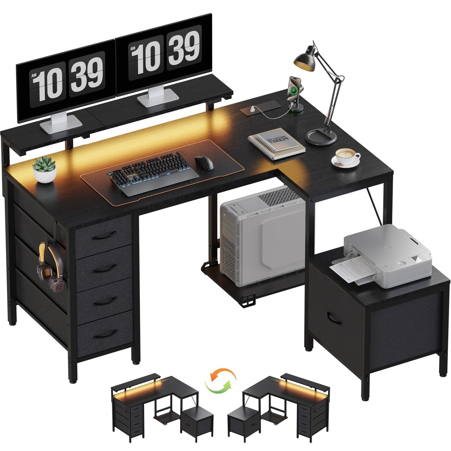 JUMMICO Corner Desk with Cabinet, Reversible L Shaped Computer Desk with Power Outlet and USB Ports, LED Lights and Hooks