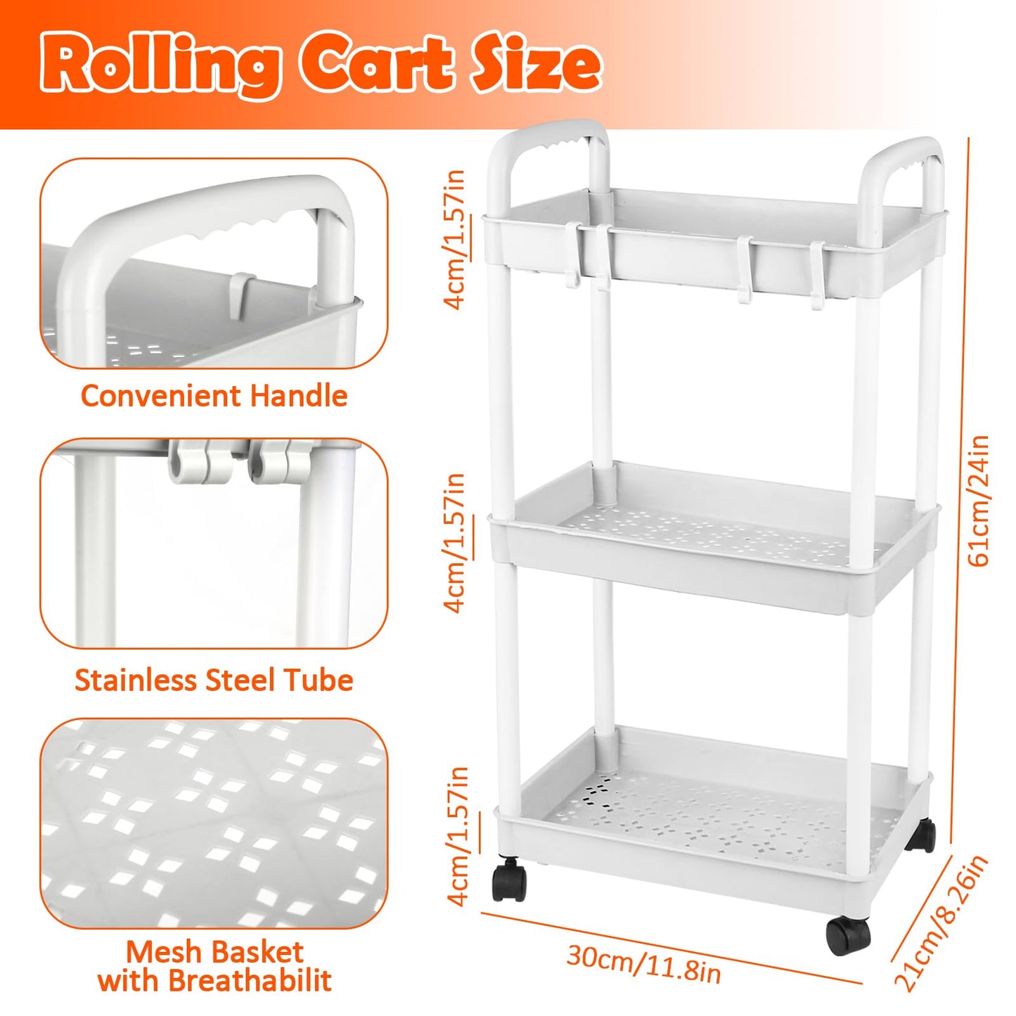 Trendecor Storage Trolley Cart 3 Tier Plastic Rolling Storage Rack, Mobile Storage Shelving Organizer Utility Cart Snack Cart Trolley for Kitchen