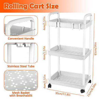 Trendecor Storage Trolley Cart 3 Tier Plastic Rolling Storage Rack, Mobile Storage Shelving Organizer Utility Cart Snack Cart Trolley for Kitchen