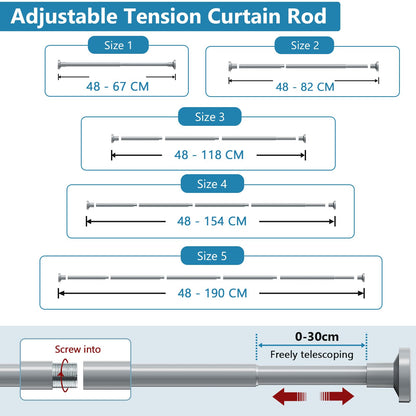 WELDUN Curtain Tension Rod Extendable, 48-190CM No Drill Telescopic Shower Curtains Rail, Adjustable Strong Spring Rod for Window Bathroom, Bedroom