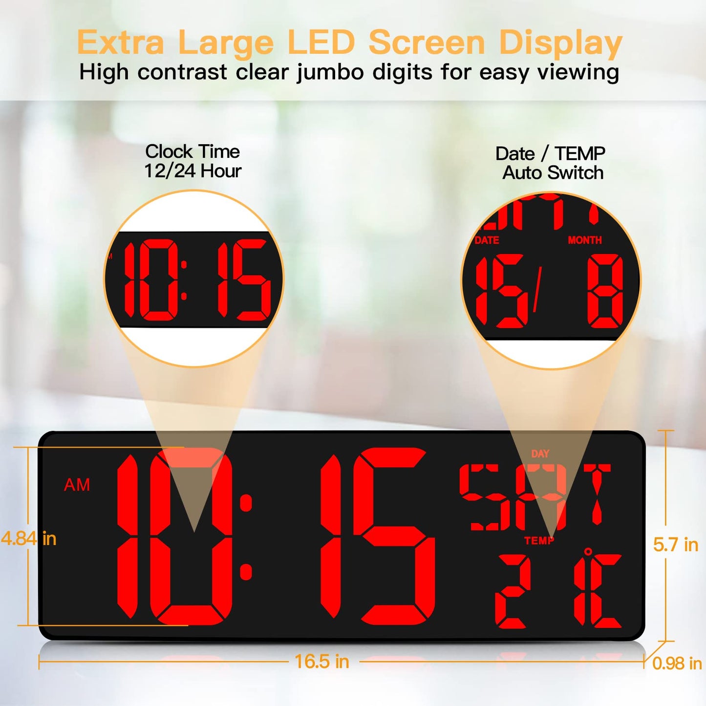 XREXS Large Digital Wall Clock with Remote Control, 16.5 Inch LED Large Display Count Up & Down Timer, Adjustable Brightness Alarm Clock with