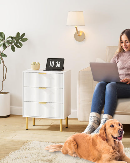 Apetaccat Bedside Table with 3 Drawers, Modern Bedside Cabniet with Metal Legs, Fluted Nightstand, Side Table for Bedroom, Living Room, Office