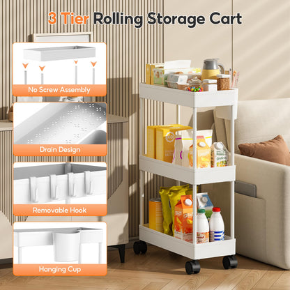 Shrivee Kitchen Cart with 3 Tiers, 2 Pack Narrow Bathroom Cart with Wheels, Plastic Basket and Metal Tube for Small Space Storage, Bathroom, Laundry
