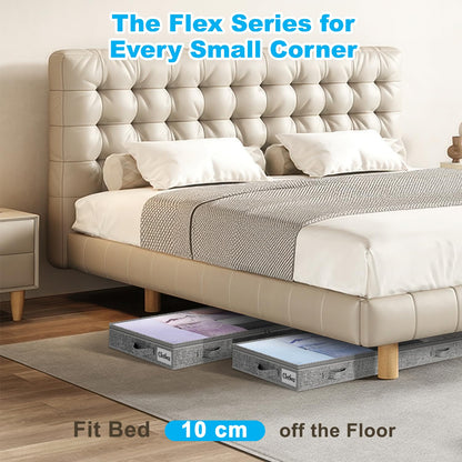 Underbed Storage Bags 2 Pack, 10cm Tall Large Under Bed Storage Box with zip, Foldable Shallow Wardrobe Storage Organiser with Clear Window &
