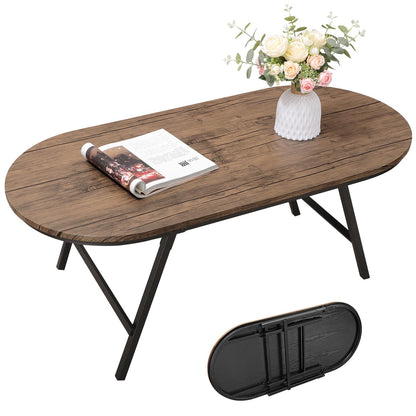 FEUFOAM Folding Coffee Table for Small Spaces Wood and Metal Oval Coffee Tables No Assembly Low Coffee Table for Living Room, Home, Office