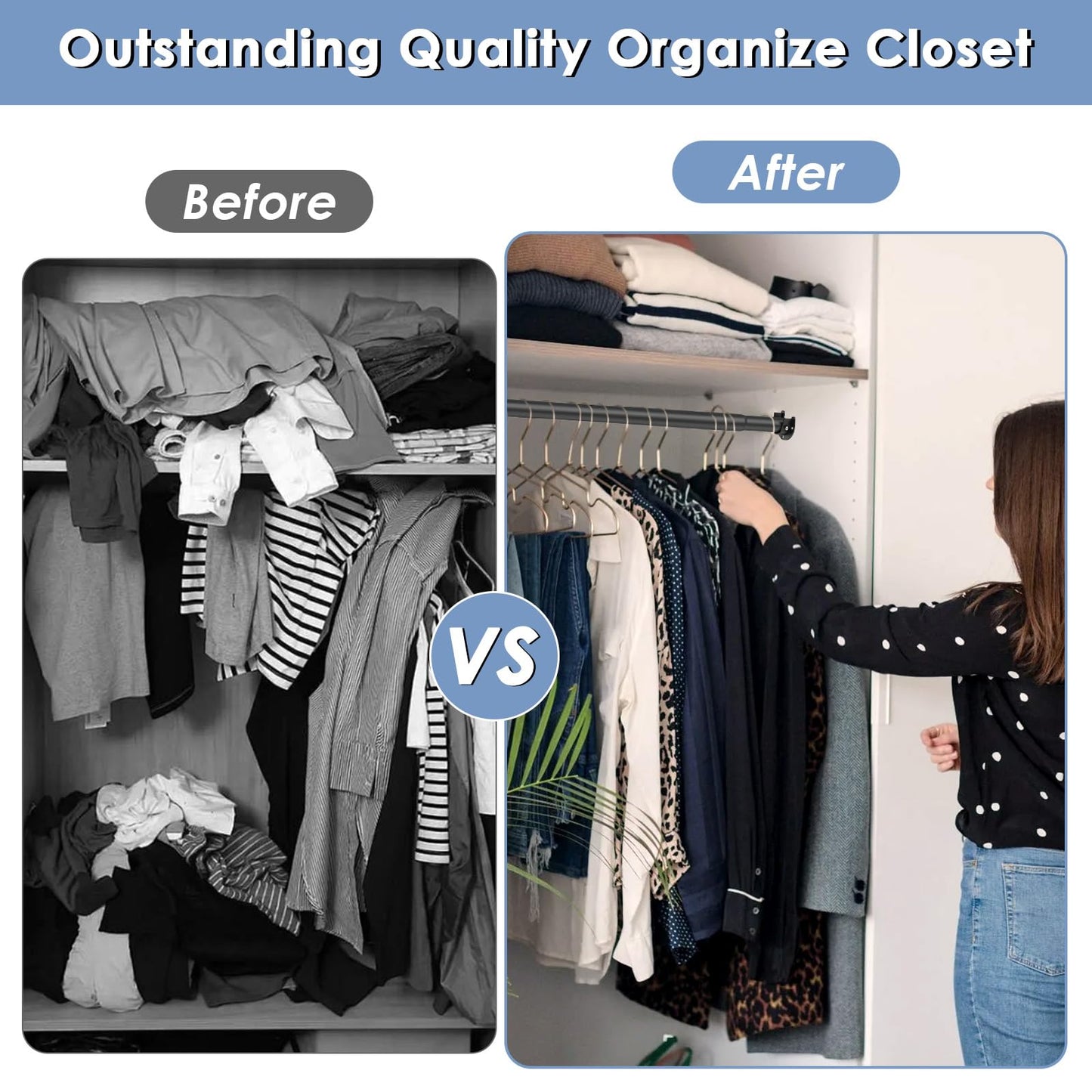 Wardrobe Rail, Black Extendable Wardrobe Rod 74-130cm, Heavy Duty Clothes Rail with End Sockets, Adjustable Hanging Rails for Clothes, Wardrobe
