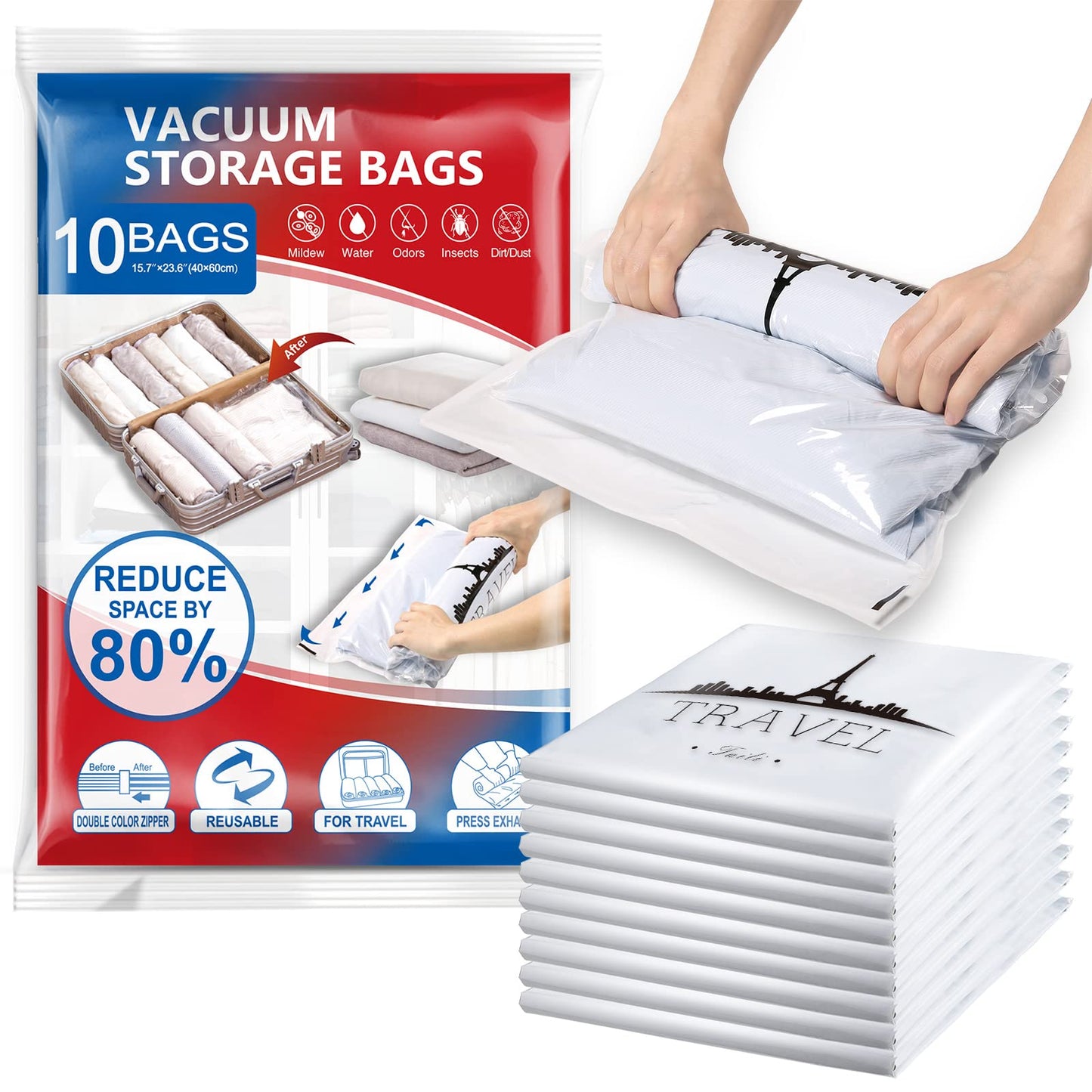 TAILI Small Vacuum Bags for Clothes Travel Vacuum Storage Bags 10 Pack (40 X 60CM) Reusable Saves 80% of Storage Space Saver for Clothes, Bedding