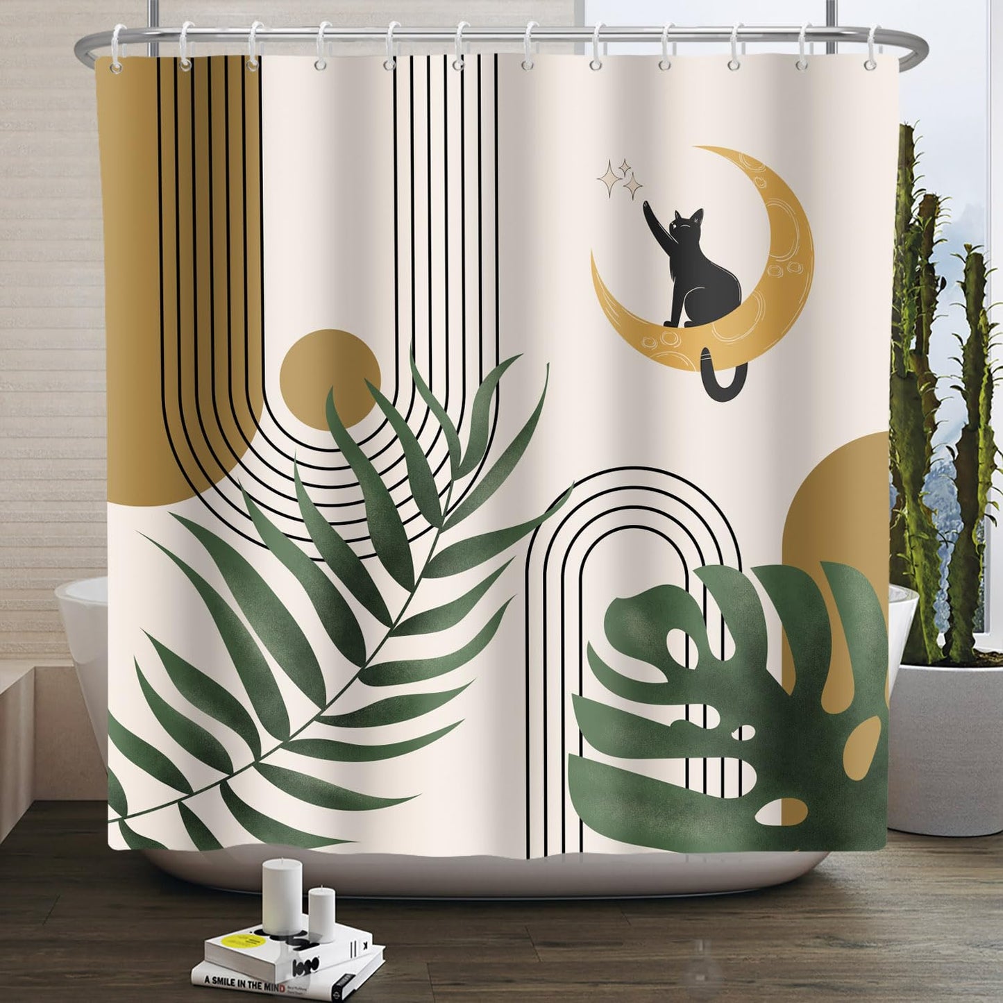 Kzzfqxb 152x183cm Boho Shower Curtains with Hooks, Mid Century Arch Beige Brown Sun Moon Cat Green Leaves Modern Art Occluded Waterproof for Bath,